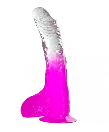 Фиолетовый фаллоимитатор с мошонкой, присоской и прозрачным стволом - 20 см.
