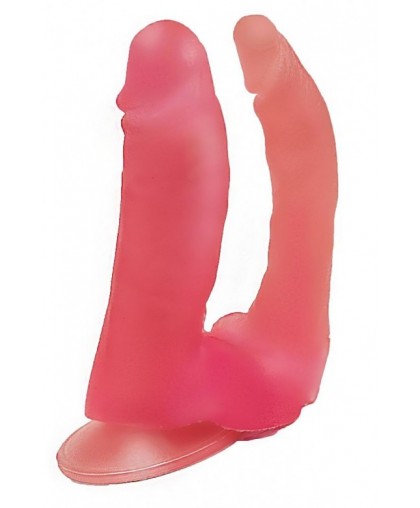 Двойной розовый фаллоимитатор на присоске - 15 см.