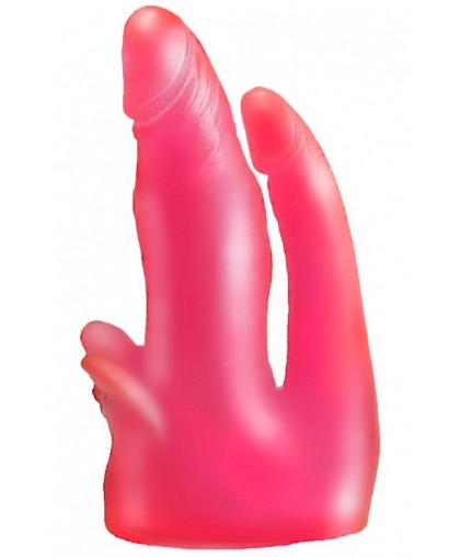 Розовая гелевая насадка с двумя стволами для страпона - 17 см.